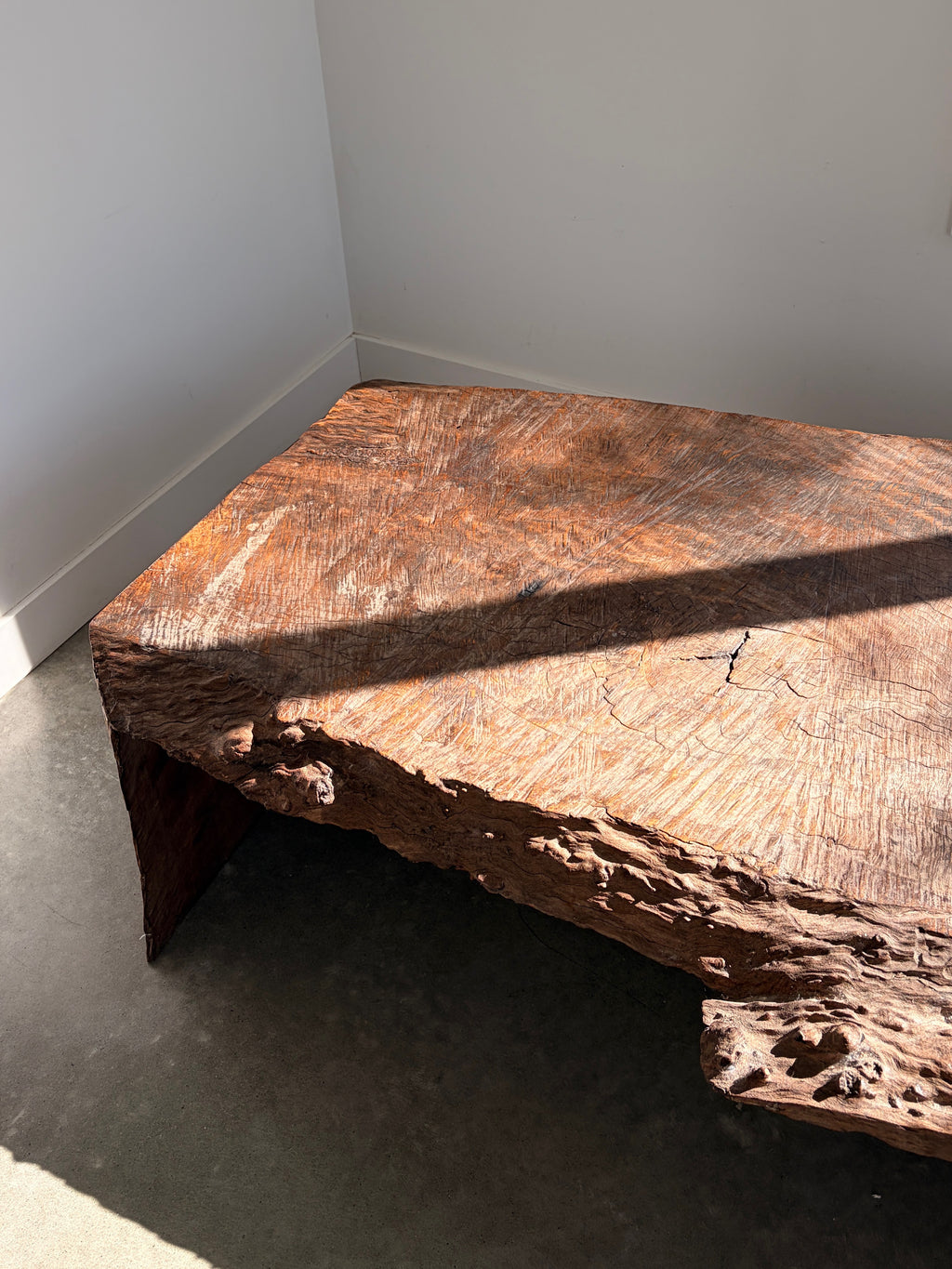 Raw live edge timber coffee table corner detail