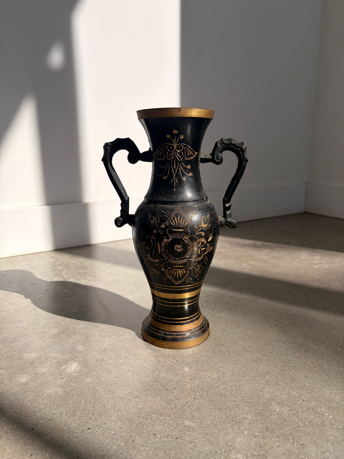 Vintage Black and Gold Brass Vase - front view