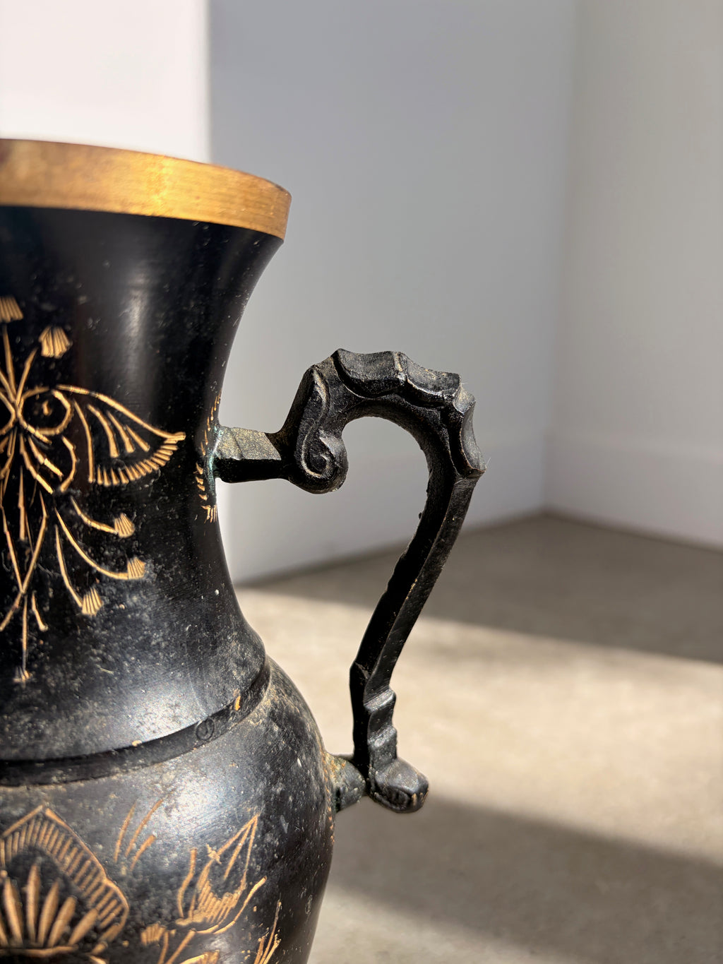 Vintage Black and Gold Brass Vase - handle detail