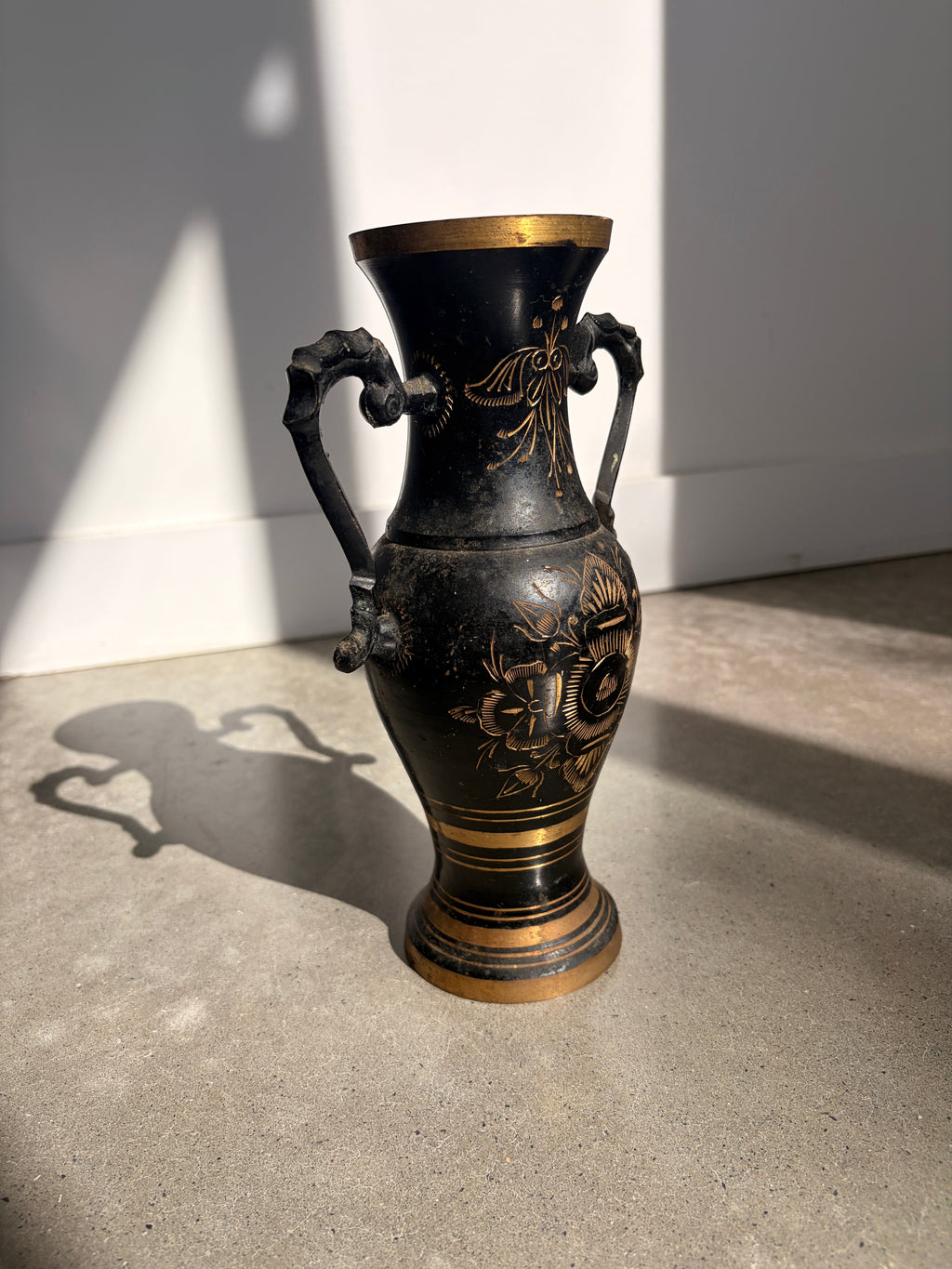 Vintage Black and Gold Brass Vase - side view