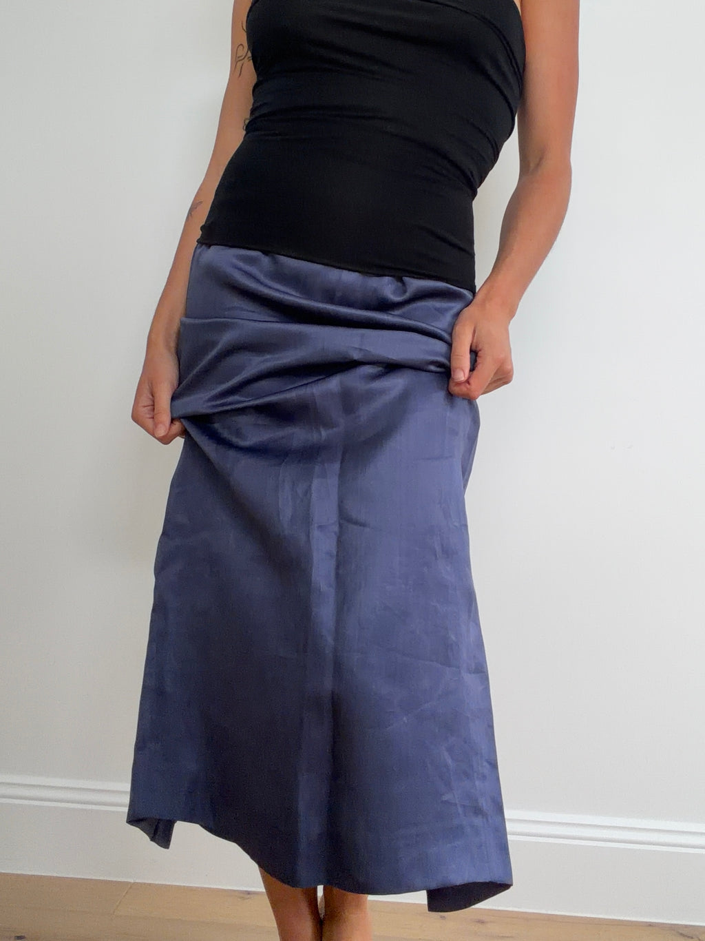 Alternate worn front view of blue Emilia Wickstead skirt