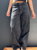 Side and rear view of THRILLS charcoal jeans showing back pocket and wide leg