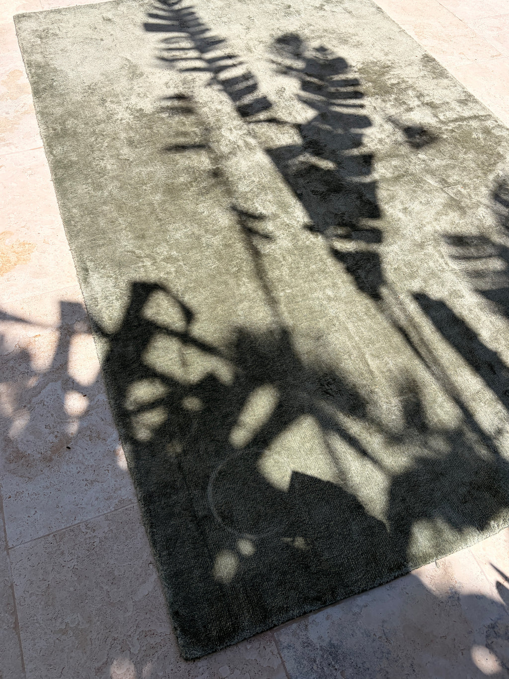 Angled view of rectangular sage-grey rug with sunlight and plant shadows