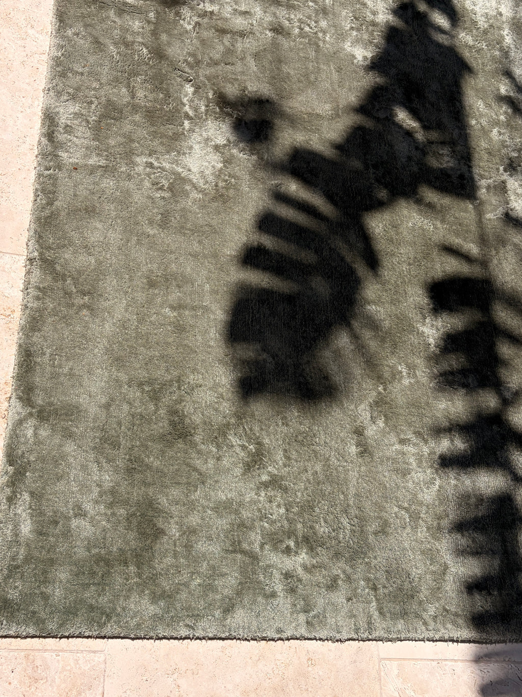 Detail of sage-grey rug pile in dappled sunlight